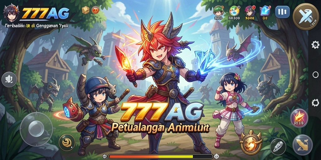 Screenshot menunjukkan pertarungan seru karakter anime dalam 777AG.