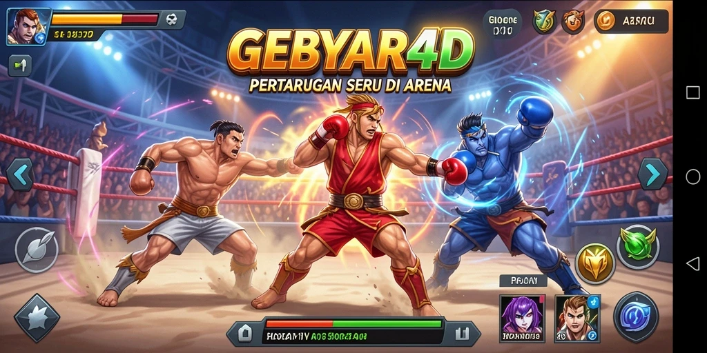 Screenshot utama GEBYAR4D menampilkan pertarungan epik antar karakter.