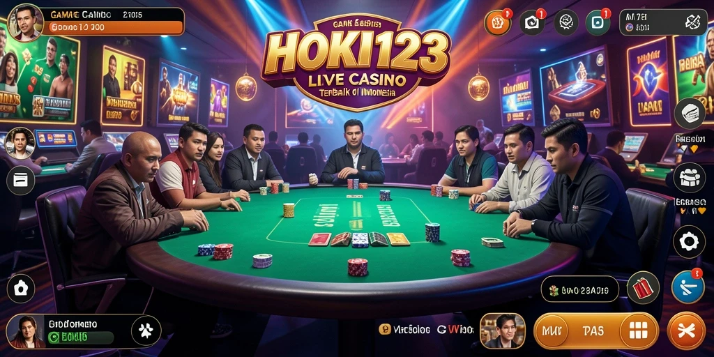 Tampilan gameplay HOKI123 yang menarik dengan dealer langsung dan suasana kasino.