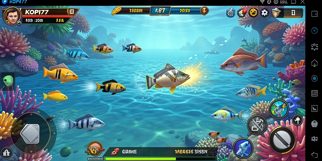Screenshot gameplay KOPI77 dengan aksi menangkap ikan.