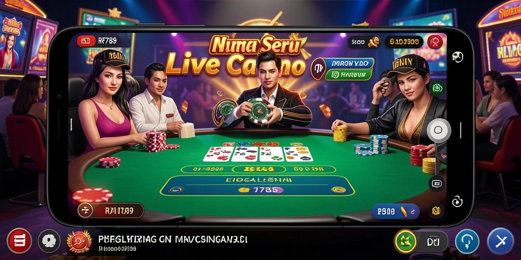 Screenshot gameplay Live Casino RR789 dengan dealer langsung dan suasana kasino yang hidup.