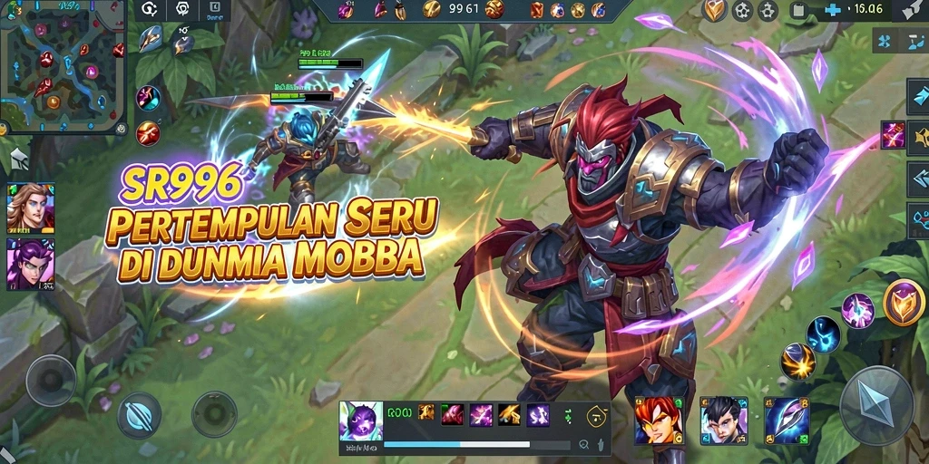 Tampilan screenshot utama SR996 dengan aksi pertempuran MOBA yang menarik.