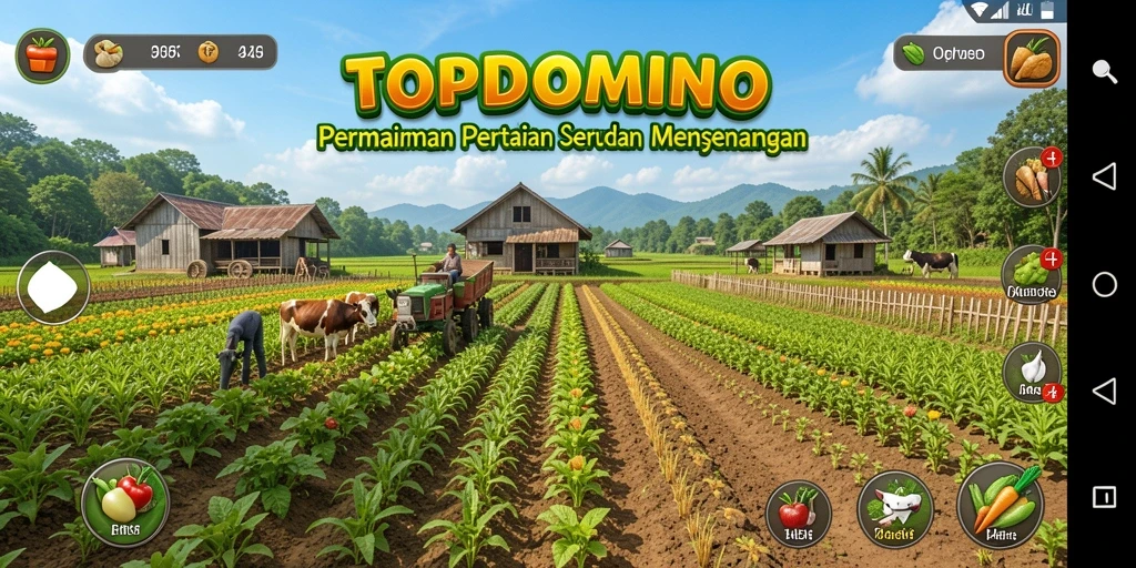 Tangkapan layar gameplay <strong>TOPDOMINO</strong> yang menunjukkan aktivitas pertanian yang mengasyikkan.
